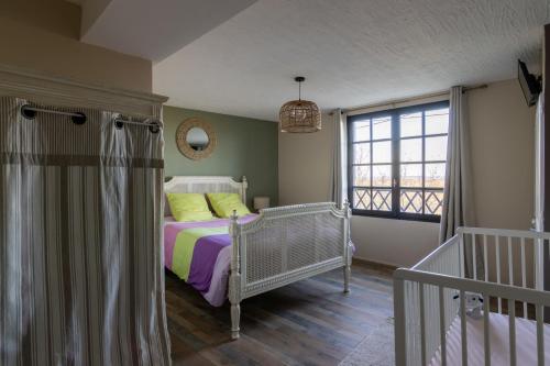 1 dormitorio con cama y ventana en Maison chaleureuse-Grand jardin-Proche Saumur, en Parnay