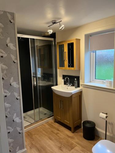 a bathroom with a shower and a sink and a shower at Pentland view croft with a sea view in Melvich