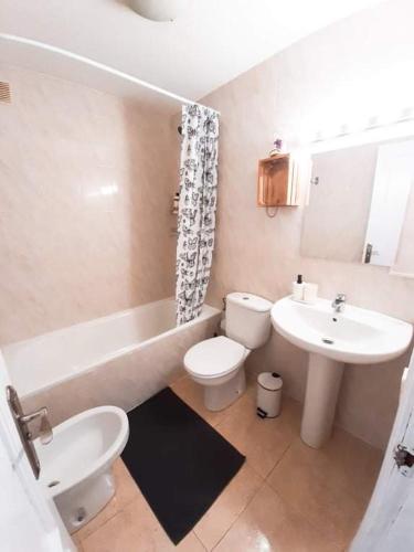 a bathroom with a sink and a toilet and a bath tub at Tabaiba apartment in Corralejo