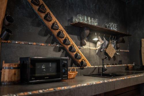 a microwave sitting on a counter in a kitchen at Country House Trata in Kranjska Gora