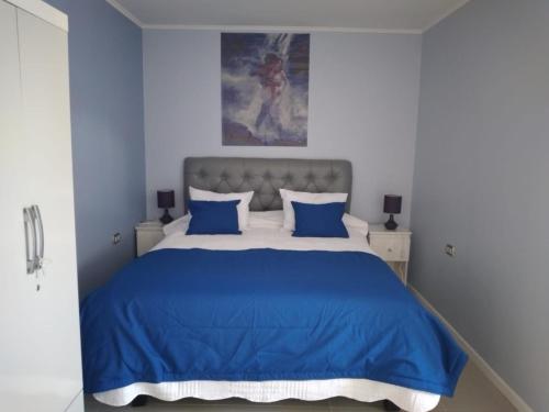 a bedroom with a large blue bed with blue pillows at agradable habitacion privada en casa rural con estacionamiento gratis en sus instalaciones in Chillán