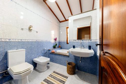 een blauwe en witte badkamer met een toilet en een wastafel bij O Refúgio - Espaço natural, amplo e privado in Angra do Heroísmo