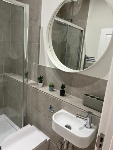 une salle de bain avec un lavabo et un miroir dans l'établissement Lovely 1 Bed flat *FREE PARKING* Hoe/Barbican Plymouth, à Plymouth