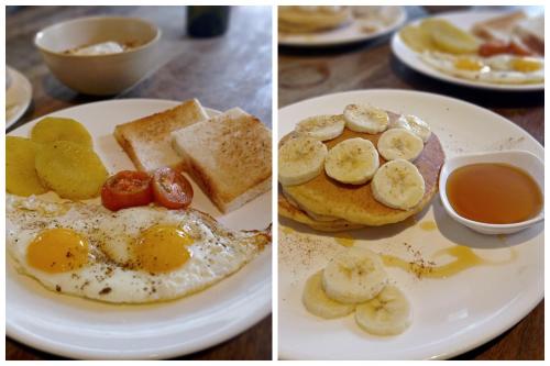 two pictures of a plate of breakfast food with eggs and bananas at Nextdoor Patan in Pātan