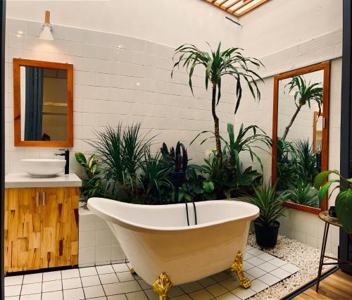 Dốc Garden Homestay - Apartment & Coffee في دالات: حوض استحمام في حمام به نباتات