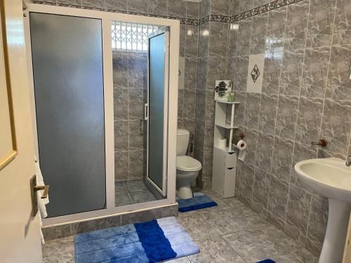 a bathroom with a shower and a toilet and a sink at Villa Dreamteam in Flic-en-Flac