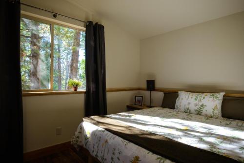 een slaapkamer met een bed en een groot raam bij Alpenglow 3 in Yosemite West