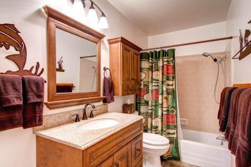 a bathroom with a sink and a toilet and a mirror at Fishermen’s Oasis in Oakhurst