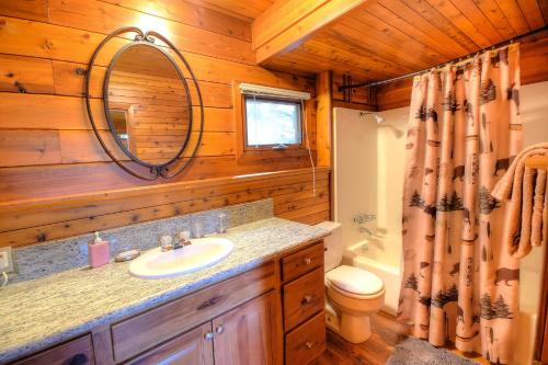 a bathroom with a sink and a toilet and a mirror at Treetops Cabin in Yosemite West