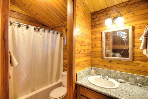 a bathroom with a toilet and a sink in a log cabin at Treetops Cabin in Yosemite West
