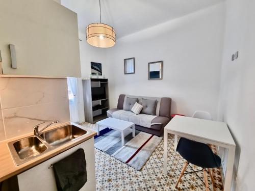 Il dispose d'une cuisine et d'un salon avec un canapé et un évier. dans l'établissement Les Saules Studio Wifi Clim Gare Centre, à Avignon