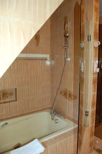 une salle de bain avec baignoire et douche dans l'établissement La Villa des Longchamps Location du samedi au samedi, à Saint-Jouan-des-Guérets