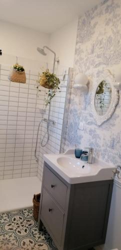 une salle de bain avec un lavabo et une douche dans l'établissement La Chapelle Saint-Nicolas, à Cassel