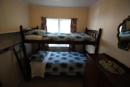 Te Kaha的住宿－Cottage - Whanarua Bay Cottages，带窗户的客房内的两张双层床