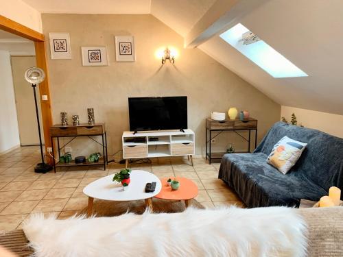 - un salon avec un canapé et une télévision dans l'établissement Charmant appart sous toits proche Château des Ducs, à Chambéry