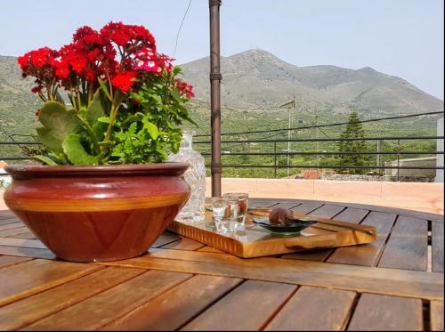 a vase with red flowers on a wooden table at Traditional Residence with terrace in Latsídha