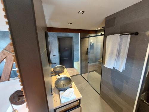 een badkamer met een wastafel en een glazen douche bij B&B Vierlingsbeek, Appartement Onder één dak en tuin-chalet in Vierlingsbeek