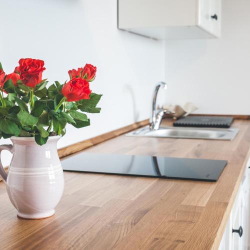 a vase with red roses on a kitchen counter at Apartmaji Aucin - Brda in Kojsko