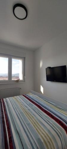 a bedroom with a bed and a flat screen tv at Apartman 21 Banja Koviljača in Banja Koviljača