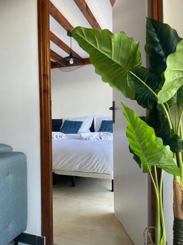 - une chambre avec un lit et une grande plante verte dans l'établissement ROAZHON LODGE, à Montgermont