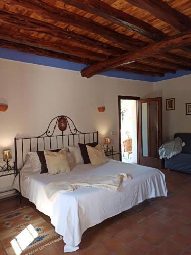 a bedroom with a large bed with a dog laying on it at Agroturismo Can Fuster in Sant Joan de Labritja