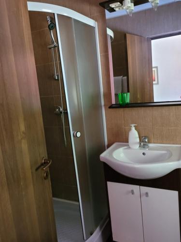 a bathroom with a sink and a shower with a mirror at Pension Edelweiss in Eforie Sud