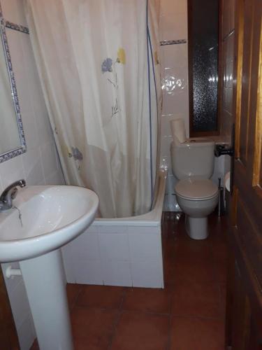 a bathroom with a sink and a toilet and a shower at Casa Rural Rio Canto in El Hornillo