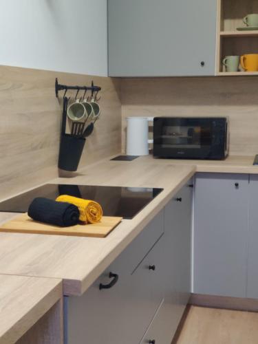 a kitchen counter with a sink and a microwave at 4 Kąty Apartamenty Koronowo in Koronowo