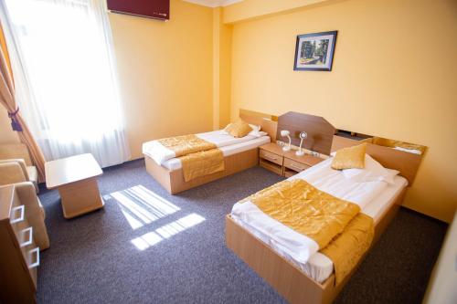 a hotel room with two beds and a window at Hotel Alexandra in Timişoara