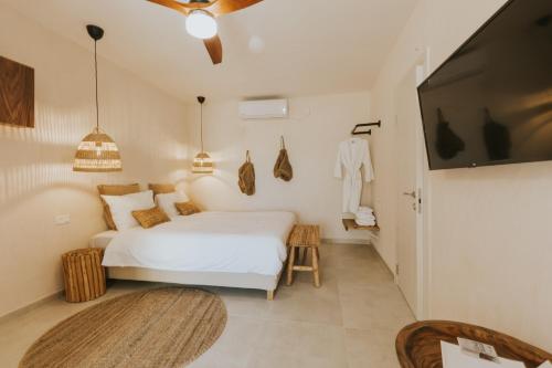 a bedroom with a bed and a flat screen tv at Hotel Anilevich Mansion in Beer Sheva