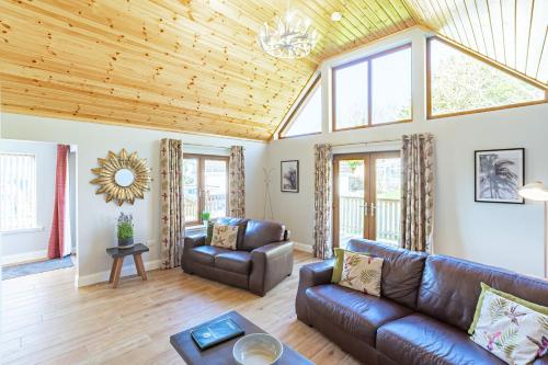 a living room with a couch and a table at Kestrel Lodge 6 with Hot Tub in Newton Stewart