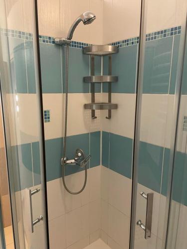 a shower in a bathroom with blue and white tiles at Penzion Královské lázně in Poděbrady