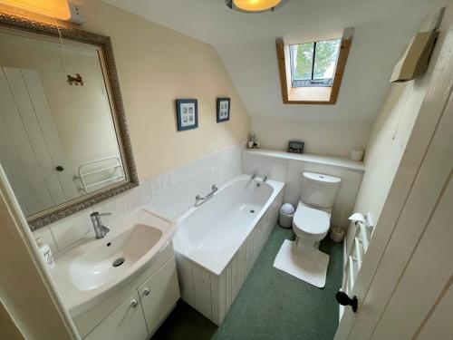 a bathroom with a sink and a toilet and a mirror at The Nook, Morebattle. in Morebattle