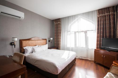 a hotel room with a bed, television and a window at Sheki Palace Hotel in Sheki