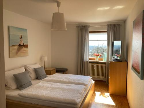 a bedroom with two beds and a window at Ferienwohnung Panorama in Forchheim