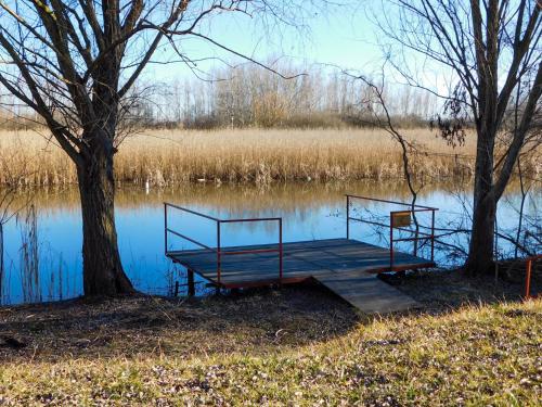 ein Dock in der Mitte eines Sees in der Unterkunft Ponty-Lak Panzió in Dávod