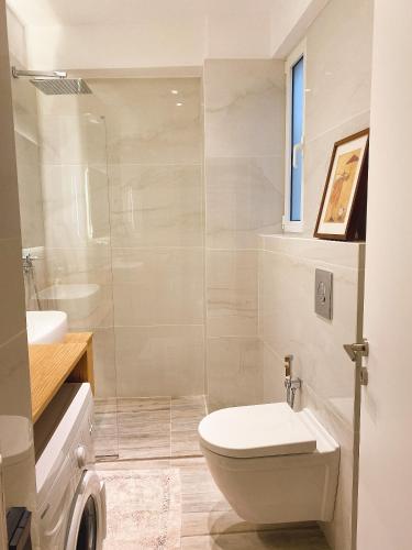 a bathroom with a toilet and a sink and a shower at Cozy Newly Renovated 1 Bedroom Apartment in the heart of Athens in Athens