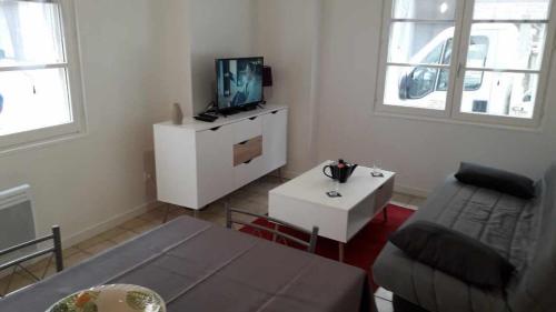 a living room with a couch and a tv at Le Goéland in Dieppe