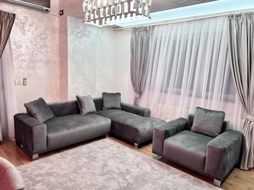- un salon avec un canapé et deux chaises dans l'établissement APARTAMENT LE MER TITEICA, à Floreasca