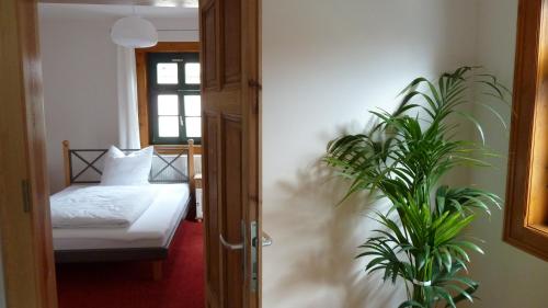 ein Schlafzimmer mit einem Bett und einer Topfpflanze in der Unterkunft Ferienwohnung am Erfurter Dom in Erfurt