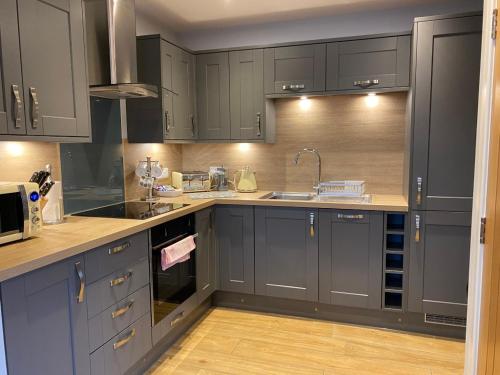 a kitchen with gray cabinets and a sink at Osprey Lodge 8 with Hot Tub in Newton Stewart