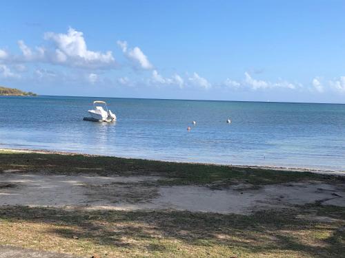a boat floating in the water on a beach at Carline in Le Diamant