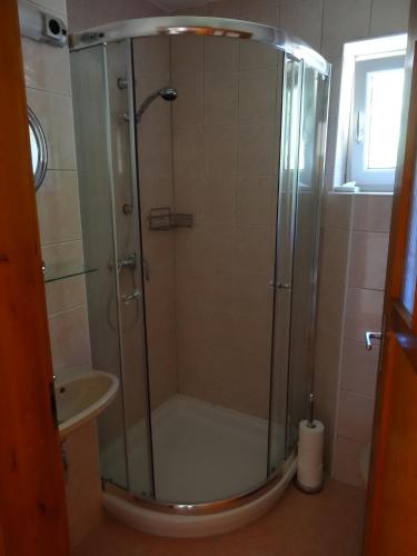 a shower with a glass door next to a sink at Haus Fiegl in Oetz