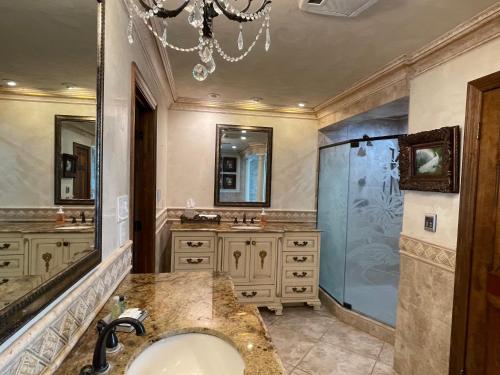 a bathroom with a sink and a shower at Louisiana Cajun Mansion in Youngsville
