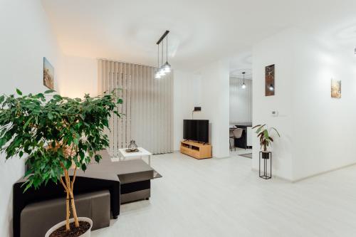a living room with a couch and a potted plant at Apartmán vo vile Kammergraf in Banská Štiavnica