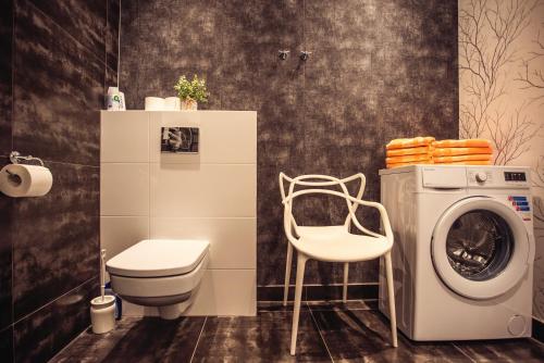 a bathroom with a washing machine and a toilet at Apartament VIEW Wisla in Wisła