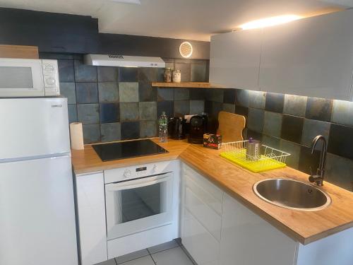 une cuisine avec un évier et un réfrigérateur blanc dans l'établissement COSY APPARTEMENT a UN PAS DE LA PLAGE ET SPOTS DE CAPBRETON, à Capbreton