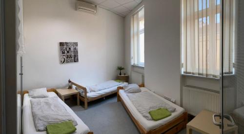 een kamer met 2 bedden en een raam bij Apartmans v arealu Vlnena in Brno