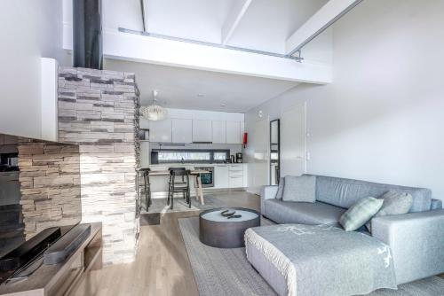 uma sala de estar com um sofá e uma cozinha em Holiday Apartments Suomu Chalet 14 A & B em Suomutunturi