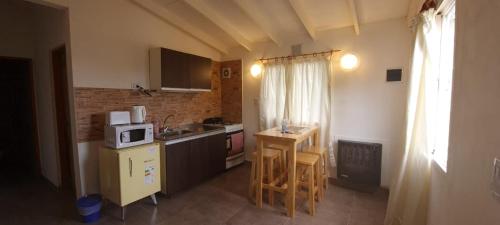 a small kitchen with a sink and a microwave at DEPARTAMENTO EN LA MONTAÑA in Ushuaia